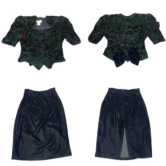 Vintage Jessica McClintock Gunne Sax Black Velvet Green Glitter 2 pc Skirt Set S - Picture 8 of 8